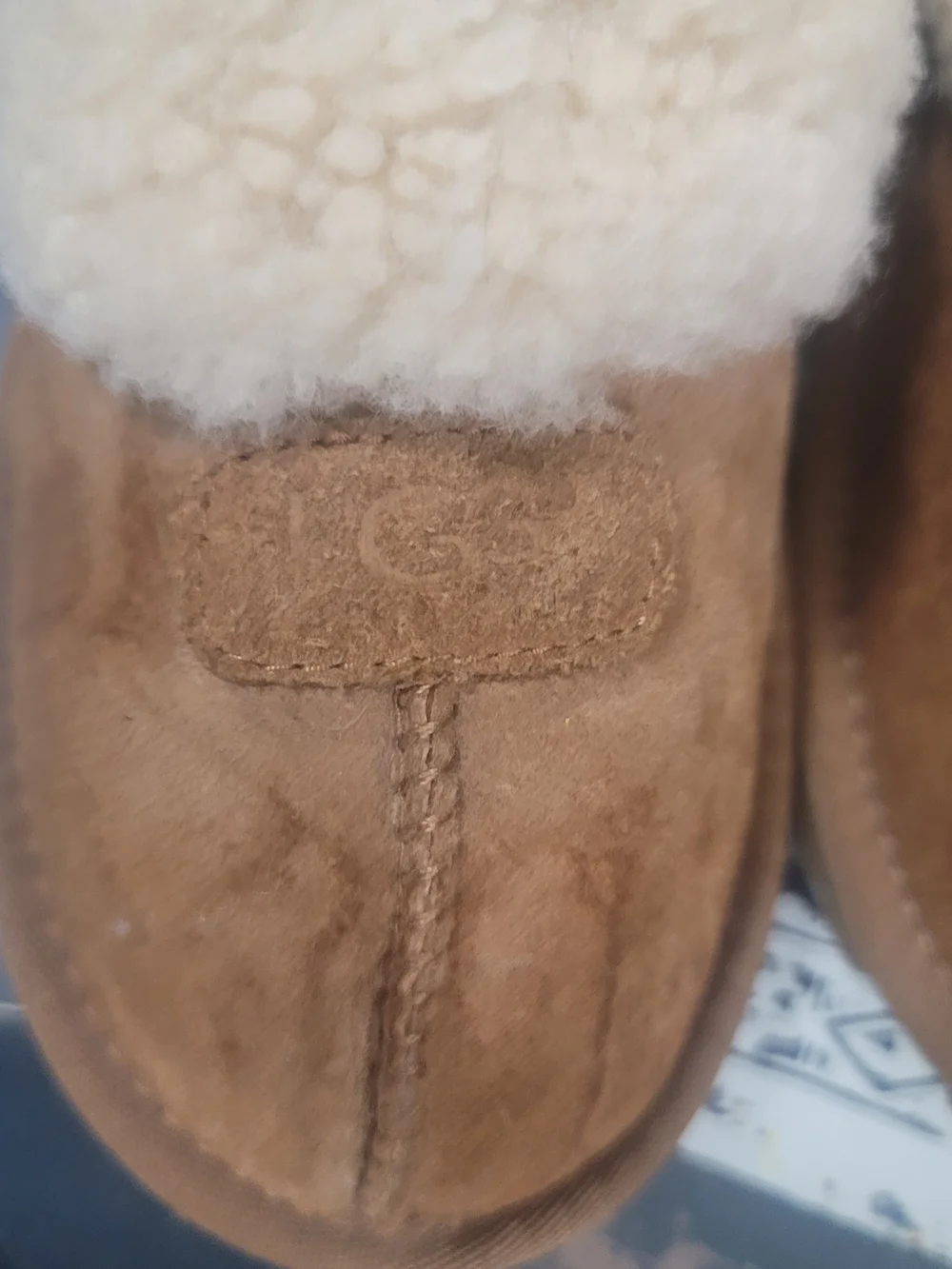UGG Womans Chestnut Suede Slippers with Cream Shearling Cuff